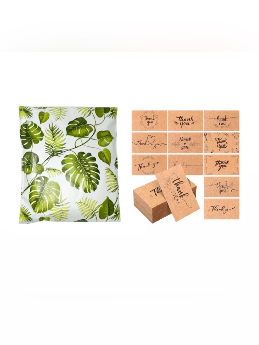 28 Piece Tropical Green Leaf Mailers with Kraft Thank You Cards
